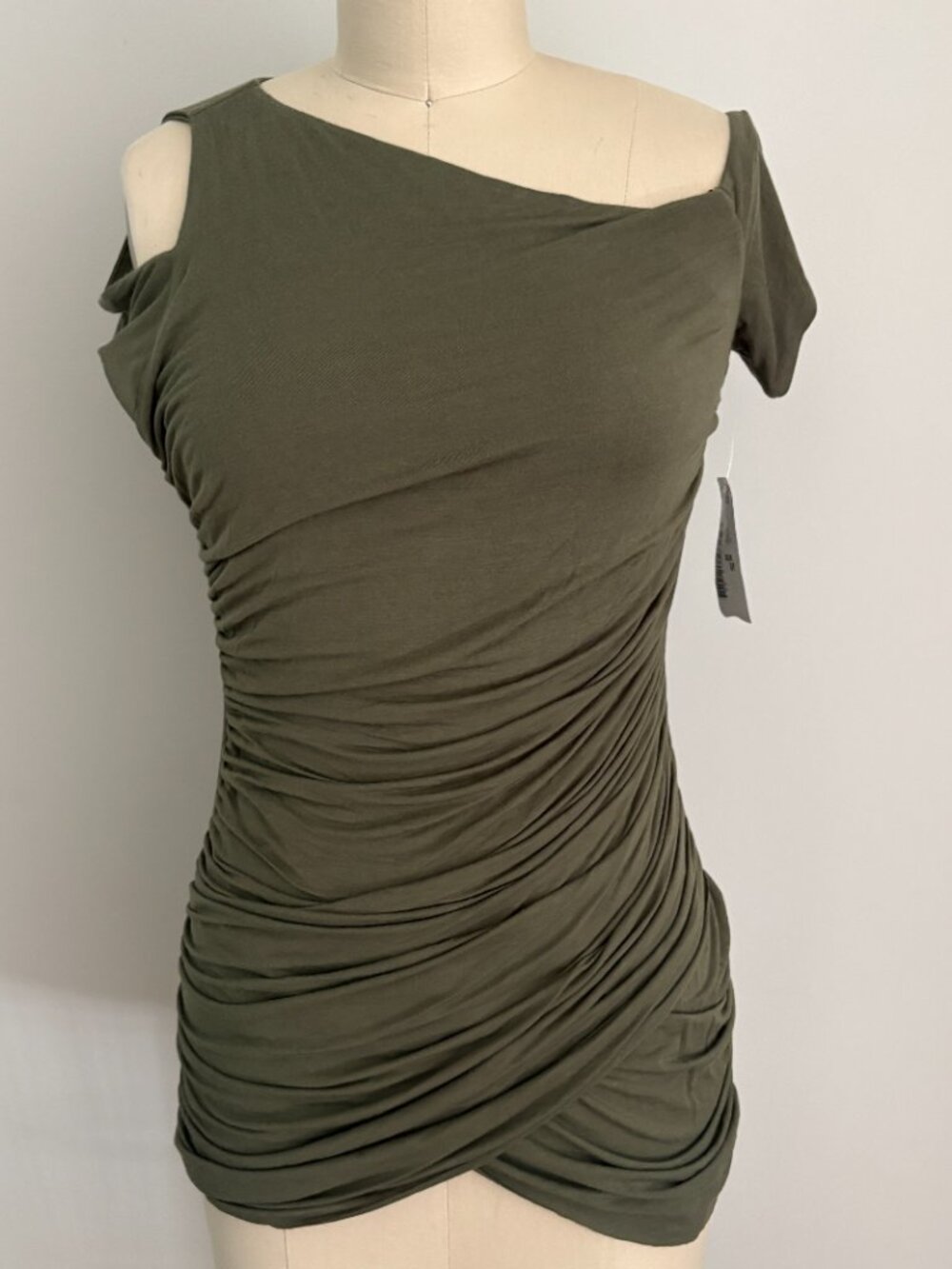 Bailey 44 Olive Green Asymmetric Ruched Top Minimalist Chic High-End Casual M